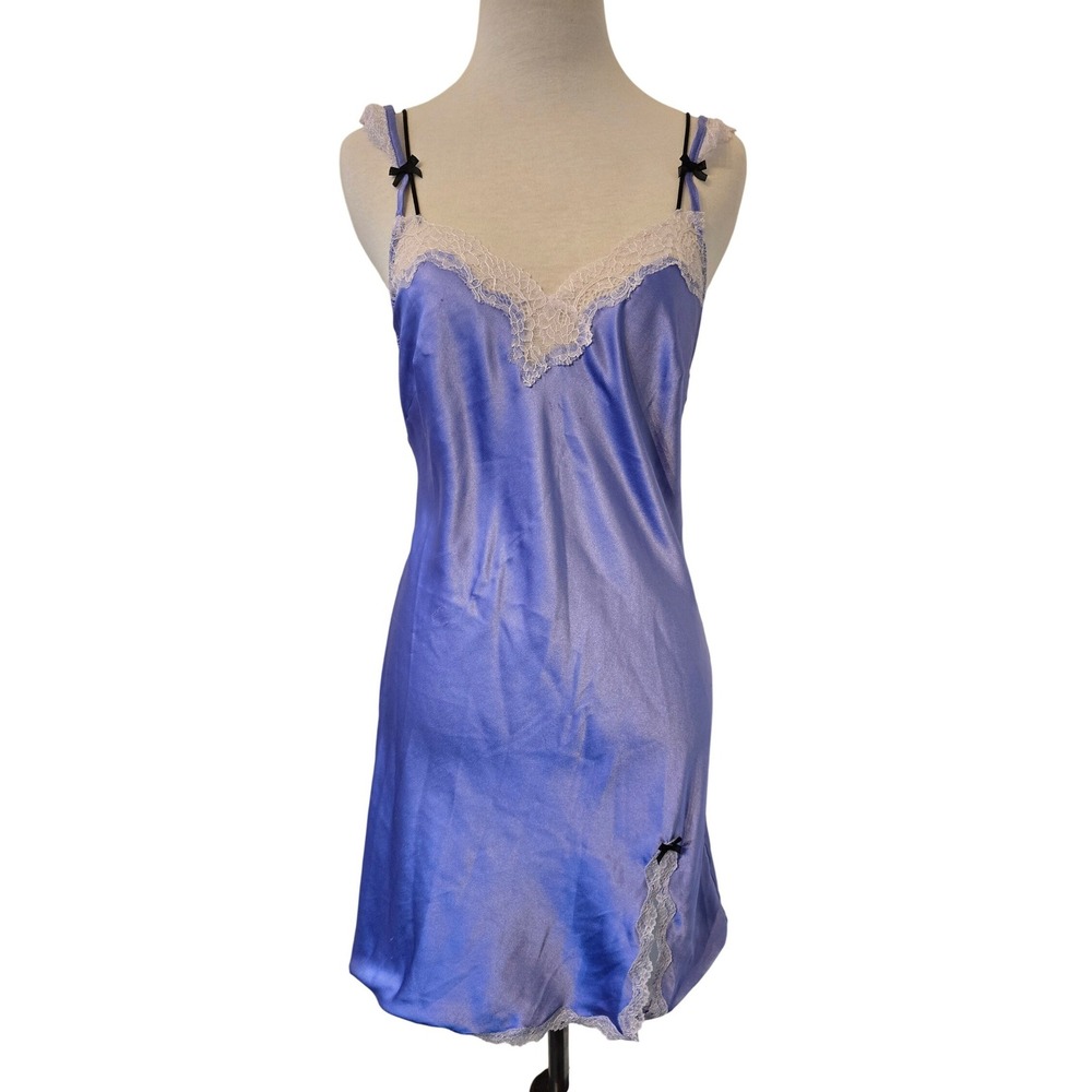 Victoria's Secret Purple Satin Lace Trim Slip Dress Nightie Black Bows Small
